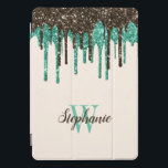 Protection iPad Pro Cover Parties scintillant de crème glacée à la menthe Mo<br><div class="desc">Ce design amusant comporte une bordure supérieure de fausse parties scintillant dégoulinante dans les couleurs de crème glacée : vert menthe et marron chocolat. Personnalisez-le avec son nom dans le script d'écriture manuscrite marron chocolat et son initiale dans la police serif verte à la menthe sur un arrière - plan...</div>