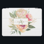 Protection iPad Pro Cover Peony and Gold Flowers Nom du monogramme<br><div class="desc">Conçu pour s'harmoniser avec notre collection Peony and Gold, ce couvre iPad monogramme personnalisable offre de luxueuses fleurs de pivoine rose et or avec feuillage vert et lettrage classique. Pour une personnalisation plus avancée de cette conception, cliquez sur le bouton "PERSONNALISER" ci-dessus. Veuillez noter que le papier doré est un...</div>