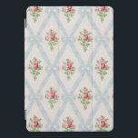 Protection iPad Pro Cover Rose Victorian Roses w/Blue Ribbon Lattice<br><div class="desc">Pretty Victorian rose bouquets with diagonal lattice of pale blue ribbons and bows on soft eggshell background with subtle gray dots. Design is seamless and scalable.</div>