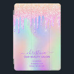 Protection iPad Pro Cover Salon de beauté d'affaires rose parties scintillan<br><div class="desc">Un arrière - plan tendance irisé aux couleurs pastel unicorne et arc-en-ciel rose, violet, or rose, vert menthe. Décoré avec des gouttes de parties scintillant en or rose, rose et violet. Une couverture ipad pour les maquilleurs, les designers de cheveux, les salons de coiffure et de beauté. Lettres violettes. Personnalisez...</div>