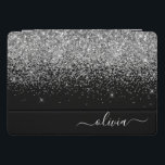 Protection iPad Pro Cover Script Monogram Girly Name<br><div class="desc">Parties scintillant à étincelles métalliques argentées et noires Coque d'ordinateur portable de nom de monogramme. Cela rend le cadeau parfait pour 16 ans,  mariage,  douche nuptiale,  anniversaire,  baby shower ou bachelorette pour quelqu'un qui aime le luxe glam et les styles chic.</div>