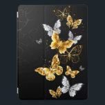 Protection iPad Pro Papillons blancs et dorés<br><div class="desc">Or,  bijoux et papillons blancs sur arrière - plan noir. Papillon doré.</div>