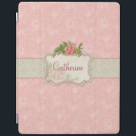 Protection iPad Roses roses roses et Damas<br><div class="desc">Arrière - plan rose floral avec bande de damas gris,  étiquette floral central avec pulvérisation de roses girly et espace pour la personnalisation.</div>