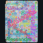 Protection iPad Tout nom Collage iPad Smart Cover<br><div class="desc">Cet iPad couvre les feuilles sans aucun doute sur qui il appartient! La couverture présente un design girly coloré avec le nom de votre choix apparaissant dans de nombreuses polices et couleurs différentes. Les noms sont affichés sur un arrière - plan bleu avec des fleurs colorées. La couverture est fournie...</div>