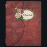 Protection iPad Vintage Torn Red Damask et Roses Personnalisé<br><div class="desc">Couches de damas rouges vieilli avec bord déchiré,  cadre de filigree doré et roses vintages. Note : Sculpté,  gravé,  gaufré et les effets dimensionnels,  l'aspect stratifié,  vieilli ou érodé,  les textures et les ombres réalisées numériquement. Le produit réel a une surface plane.</div>