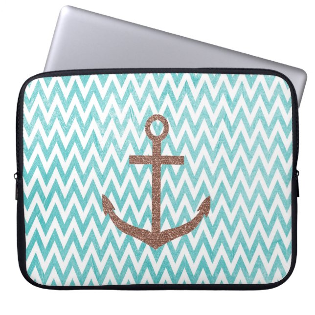 Protection Pour Ordinateur Portable Ancre Parties scintillant Aqua et White Chevron (Devant)