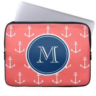Protection Pour Ordinateur Portable Ancres blanches de corail motif, monogramme de