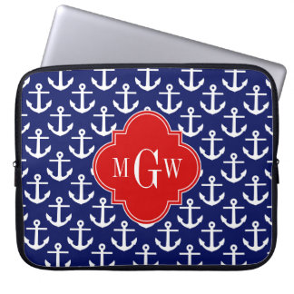 Protection Pour Ordinateur Portable Ancres blanches Navy Blue, rouge 3 Monogramme init