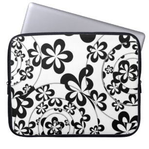 Protection Pour Ordinateur Portable Anneaux et fleurs noirs et blancs