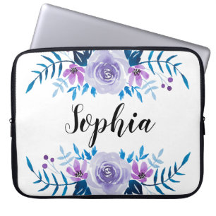 Protection Pour Ordinateur Portable Aquarelle bleu violet couronne florale Texte perso