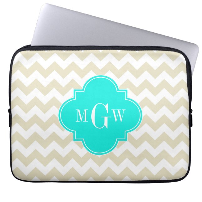 Protection Pour Ordinateur Portable Beige Blanc Chevron Aqua Quatrefoil 3 Monogramme (Devant)