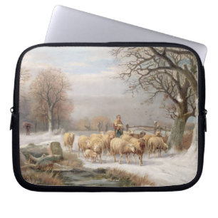 Protection Pour Ordinateur Portable Bergère avec son troupeau dans un paysage d'hiver