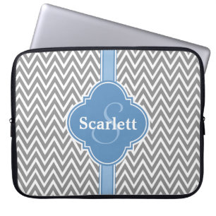 Protection Pour Ordinateur Portable Bleu blanc gris Chevron Motif et Monogramme