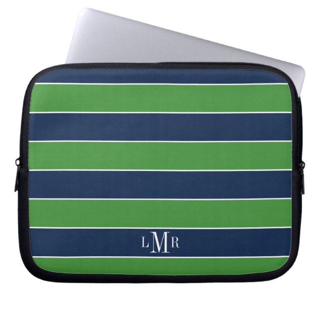Protection Pour Ordinateur Portable Bleu et vert Rugby Stripes Monogramme (Devant)