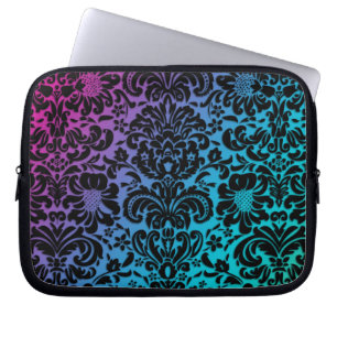Protection Pour Ordinateur Portable Bleu floral vintage de rose de noir de damassé