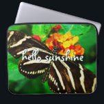 Protection Pour Ordinateur Portable Bonjour Sunshine Script Black White Stripe Papillo<br><div class="desc">"Bonjour Sunshine." Photo de fond d'un papillon rayé noir et blanc délicat sur une fleur orange et jaune. Sentez le soleil d'une journée chaude et ensoleillée chaque fois que vous utilisez cette étonnante manche d'ordinateur portable en néoprène coloré. Cette manche est disponible en trois tailles : 15", 13" et 10"....</div>