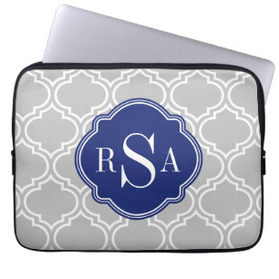 Protection Pour Ordinateur Portable Carreaux gris Motif Monogramme bleu