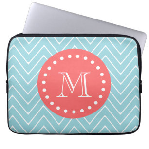 Protection Pour Ordinateur Portable Chevron bleu et de corail avec le monogramme fait