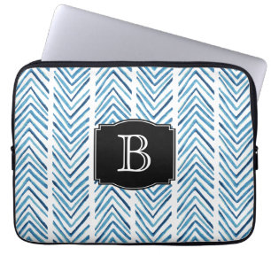 Protection Pour Ordinateur Portable Chevrons peints en bleu Motif avec Monogramme
