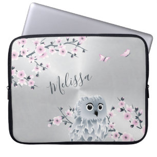 Protection Pour Ordinateur Portable Chouette mignonne Monogramme d'argent rose