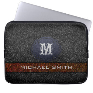 Protection Pour Ordinateur Portable Cuir marron et noir Monogramme personnalisé