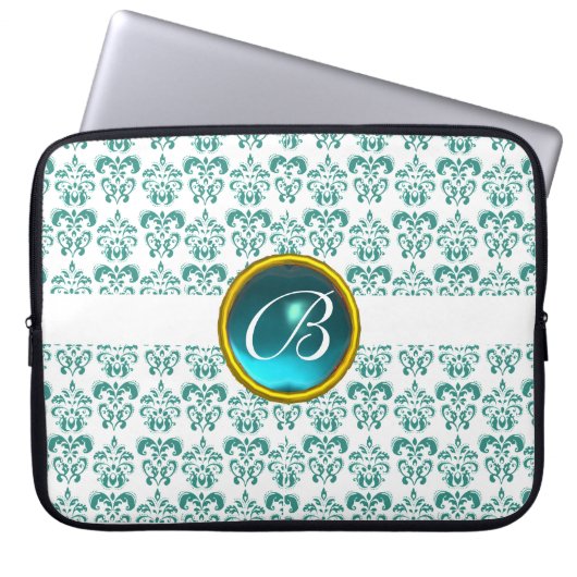 Protection Pour Ordinateur Portable DAMASK GEM STONE MONOGRAMME blanc bleu (Devant)