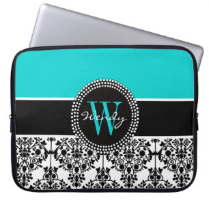 Protection Pour Ordinateur Portable Damassé initiale personnalisée de noir d'Aqua