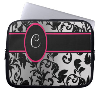 Protection Pour Ordinateur Portable Damassé noire et argentée avec le noir et le rose