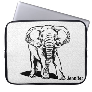 Protection Pour Ordinateur Portable Dessin de ligne d'éléphant noir mignon monogramme