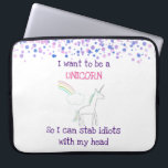 Protection Pour Ordinateur Portable Edgy Unicorn avec arc en ciel et Confetti Funny<br><div class="desc">Une pochette pour ordinateur portable avec un dessin à licorne. Un nuage moelleux au bout d'un arc-en-ciel dans l'arrière - plan. Des confettis d'aquarelle rose et violet ornent la bordure supérieure. Le texte dit : Je veux être une licorne pour pouvoir poignarder des idiots avec ma tête. Amusant, pointu et...</div>