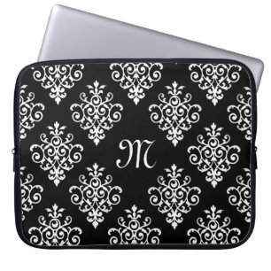 Protection Pour Ordinateur Portable Élégant modèle monographique noir et blanc Damas