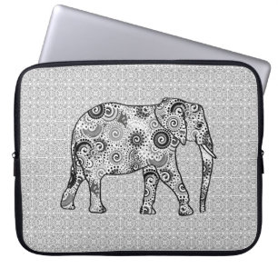 Protection Pour Ordinateur Portable Éléphale tourbillon fractal - gris, noir et blanc