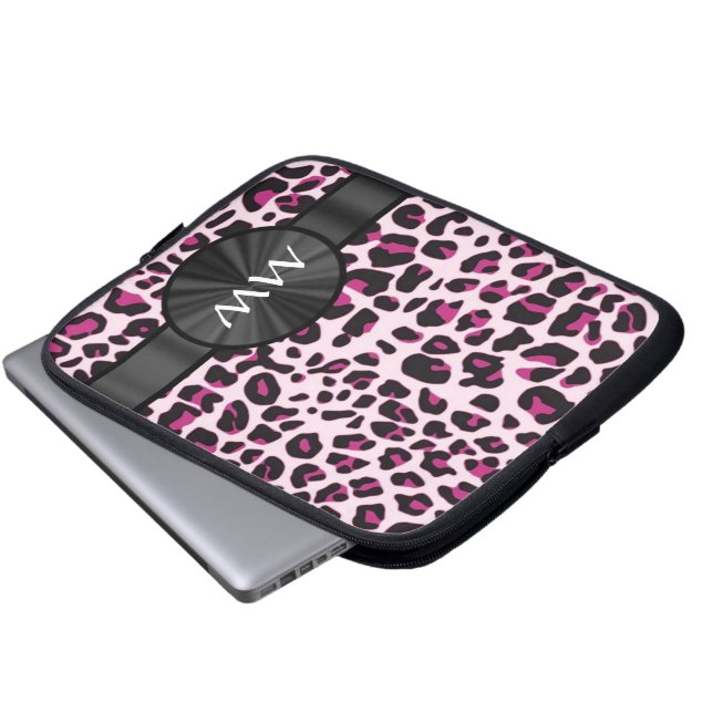 Protection Pour Ordinateur Portable Empreinte de léopard rose et monogramme (Devant bas)