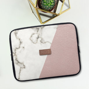 Protection Pour Ordinateur Portable Faux Blush Marbre en cuir rose moderne Monogramme