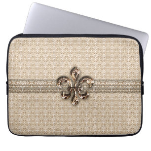 Protection Pour Ordinateur Portable Fleur de Lis d'or avec motif Damas de crème