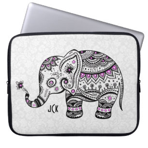 Protection Pour Ordinateur Portable Fleurs noires rétro et diamants roses éléphants