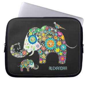 Protection Pour Ordinateur Portable Forme d'éléphant Fleurs rétro colorées
