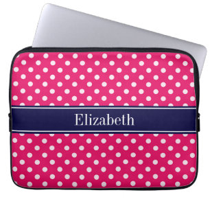 Protection Pour Ordinateur Portable Framboise Blanc Pois Marine Nom bleu Monogramme