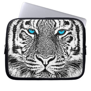 Protection Pour Ordinateur Portable Graphique de tigre noir et blanc aux yeux bleus