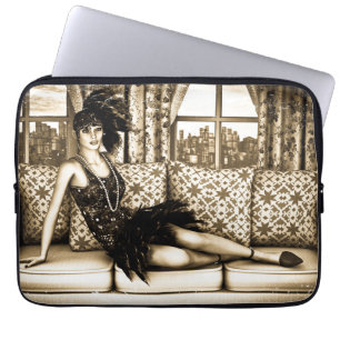 Protection Pour Ordinateur Portable Illustration de femme Flapper Art Déco sépia