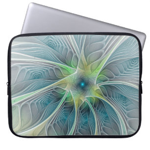 Protection Pour Ordinateur Portable Imaginaire fleuri Moderne Bleu Vert Fractal Fleur