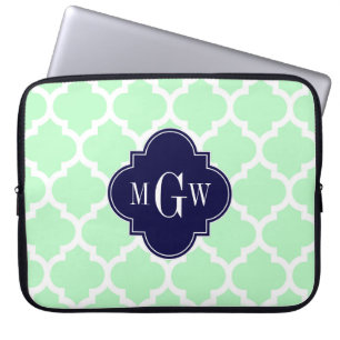 Protection Pour Ordinateur Portable Mint, White Moroccan #5 Navy 3 Initial Monogram