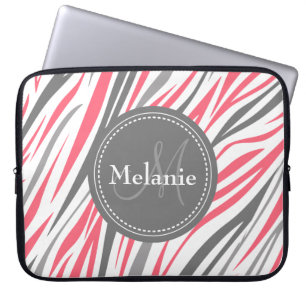 Protection Pour Ordinateur Portable Modèle de zèbre rose et gris monogramme
