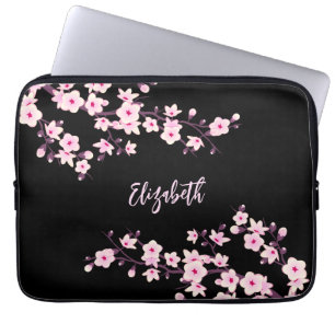 Protection Pour Ordinateur Portable Monogramme Fleur de Cerisier Rose Noir