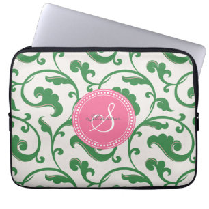 Protection Pour Ordinateur Portable Monogramme floral vert girly élégant de motif