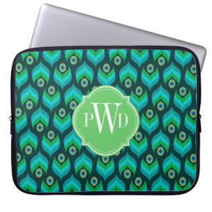 Protection Pour Ordinateur Portable Monogramme moderne de motif de plume de paon