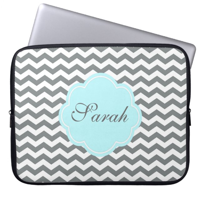Protection Pour Ordinateur Portable monogramme moderne gris blanc chevron (Devant)