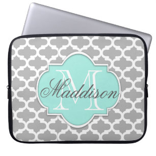 Protection Pour Ordinateur Portable Monogramme Motif élégant Grey Aqua