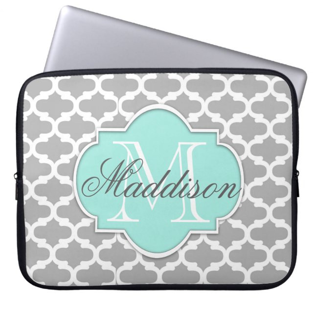 Protection Pour Ordinateur Portable Monogramme Motif élégant Grey Aqua (Devant)
