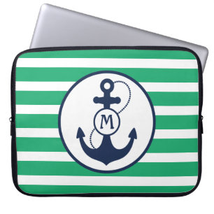 Protection Pour Ordinateur Portable Monogramme nautique vert d'Ancre